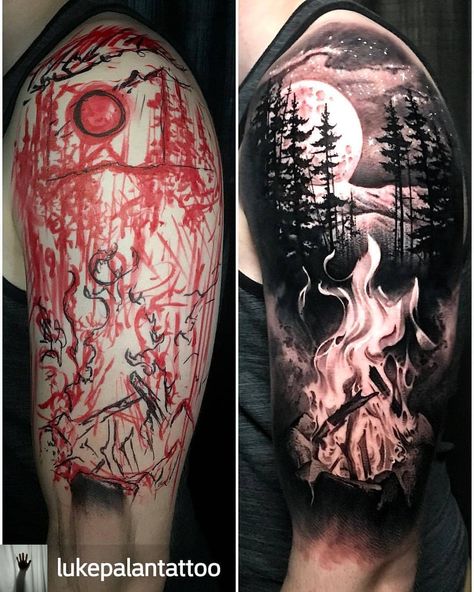 Forest Tattoo Sleeve, Natur Tattoo Arm, Wilderness Tattoo, Outdoor Tattoo, Unique Half Sleeve Tattoos, Sky Tattoos, Hunting Tattoos, Nature Tattoo Sleeve, Wolf Tattoo Sleeve