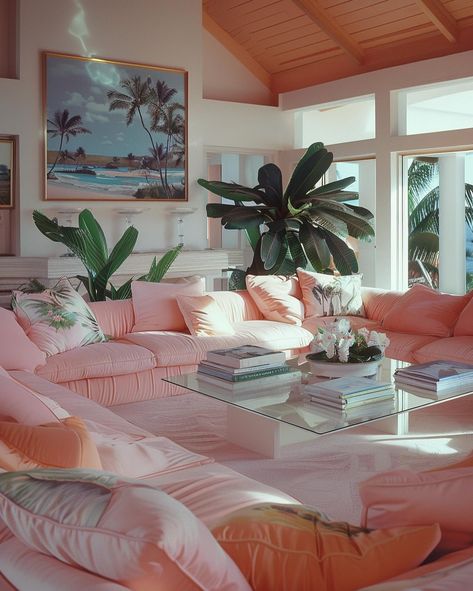 POV: Your luxury pink getaway home 🩷 [AI] Get your wall posters on liminaldestinations.com (link in bio!) • • • • #80sinterior #1980sinterior #80saesthetic #1980s #80svibes #80snostalgia #80sdecor #80s #80spenthouse #vintage #interiordesign #homedecor #luxuryhomes #midcentury #midcenturymodern #postmodern #luxury Miami Vice Living Room, 80s Florida Interior, 80s Beach Aesthetic, Mobile Bookstore, 80s Apartment, 80s Living Room, 1980s Interior Design, 80s Home Decor, Island Style Decor