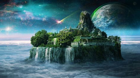 Fantasy art wallpaper, space art, waterfall, island, castle, city, sky Waterfall Wallpaper, Waterfall Island, Island Wallpaper, Irish Mythology, Magic Island, City Sky, Fantasy Island, Cloud Wallpaper, Island Art