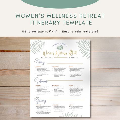 Women's Wellness Retreat Itinerary Template | Three-Day Retreat Schedule | Editable Download | Weekend Workshop Schedule | Retreat Planning Retreat Schedule Template, Yoga Retreat Itinerary, Retreat Itinerary, Retreat Schedule, Retreat Aesthetic, Retreat Business, Retreat Planning, Retreat Activities, Agenda Design