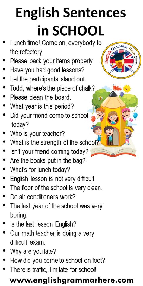 English Sentences in SCHOOL, Speeaking Phrases For Students Lunch time! Come on, everybody to the refectory. Please pack your items properly Have you had good lessons? Let the participants stand out. Todd, where’s the piece of chalk? Please clean the board. What year is this period? Did your friend come to schooltoday? Who is your teacher? What is the strength of the school? Isn’t your friend coming today? Are the books put in the bag? What’s for lunch today? English lesson is not very ... What Is Sentence, Classroom Sentences For Teachers, Classroom Sentences For Students, Classroom Phrases For Teachers, English Sentences For Teachers, English Learning Spoken For Kids, School Phrases, Classroom Phrases, English Conversation For Kids