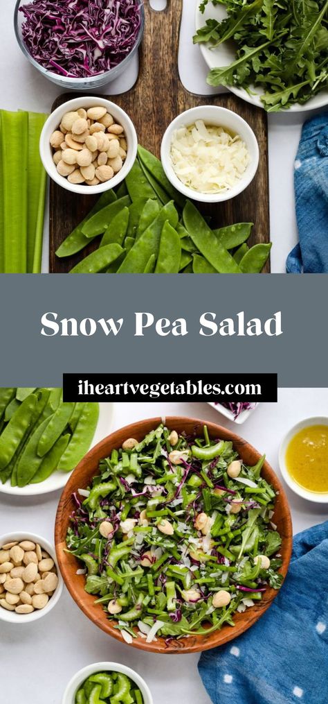 This snow pea salad is made with crunchy celery, peppery arugula, roasted Marcona almonds, salty Pecorino Romano cheese, purple cabbage, and lots of tender snow peas. It’s a tasty salad recipe with lots of textures and flavors! Snow Pea Salad, Snow Peas Recipe, Marcona Almonds, Snow Pea, Salad Diet, Pecorino Romano Cheese, Crunchy Salad, Pecorino Romano, Romano Cheese