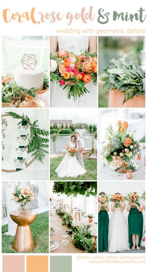 Coral Mint peach and Rose Gold wedding theme with greenery and geometric details for a summer outdoor garden wedding with floral bridesmaid gowns and romantic octagon wedding arch.   https://confettidaydreams.com/coral-mint-rose-gold-wedding-theme/  #wedding #coralwedding #pinkwedding #gardenwedding #summerwedding #outdoorwedding #colorscheme #weddingcolorscheme #colorpalette #weddingcolorpalette #weddingtheme May Outdoor Wedding Colors, Peach And Mint Wedding Theme, Rose Gold Summer Wedding, Coral Green Wedding, Wedding Theme Ideas Spring, Sage And Coral Wedding, Mint Wedding Theme, Green And Coral Wedding, Coral And Green Wedding