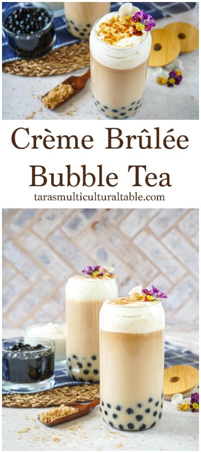 A recipe for Crème Brûlée Bubble Tea- Tara's Multicultural Table- This comforting drink pairs tapioca pearls with black tea, lightly whipped cream, and a crisp, caramelized coating. Creme Brulee Bubble Tea, Creme Brulee Milk Tea, Tapioca Drink Recipes, Creme Brulee Boba Tea Recipe, Creme Brulee Boba, Boba Pearls Recipes, Boba Drink Recipe, Boba Tea Recipes, Tapioca Pearls Recipe