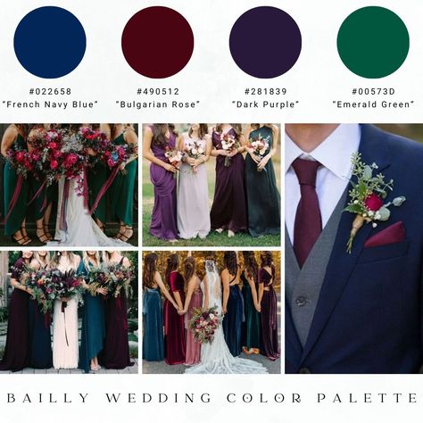 Navy Emerald Plum Wedding, Wedding Plum Color Schemes, Navy Maroon Green Wedding, Burgundy Blue Green Color Palette, Muted Jewel Tones Color Palettes Wedding, Plum And Navy Wedding Color Schemes, Emerald Color Combinations, Fall Wedding Purple Color Scheme, Forest Green And Purple Wedding