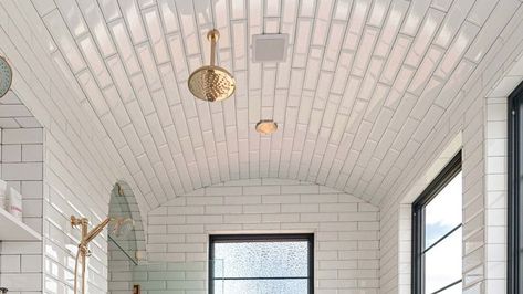 Should You Tile Your Bathroom Ceiling? HGTV's Emily Henderson Weighs In - House Digest Subway Tile Ceiling, Penny Tile Ceiling, Tile On Ceiling Bathroom, Tiled Ceiling Shower Ideas, Shower Tile On Ceiling, Tiled Bathroom Ceiling, Tiled Ceiling Bathroom, Tiled Shower Ceiling, Tile Shower Ceiling