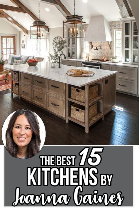 15 Best Kitchens By Joanna Gaines - Nikki's Plate Magnolia Kitchen Island, Joanna Gaines White Kitchen, Modern Farmhouse Kitchens Countertops, Modern Country Kitchen Cabinets, Farmhouse Kitchen Beams, Joanna Gaines Farmhouse Kitchen Table, Joana Gains Kitchen Ideas, Joanna Gaines Master Bath, Natural Wood Kitchen Island Ideas