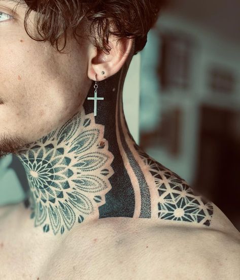 Geometric Throat Tattoo, Mandala Tattoo Neck, Front Neck Tattoo, Full Neck Tattoos, Tattoos Neck, Black Men Tattoos, Side Neck Tattoo, Tattoo Neck, Throat Tattoo