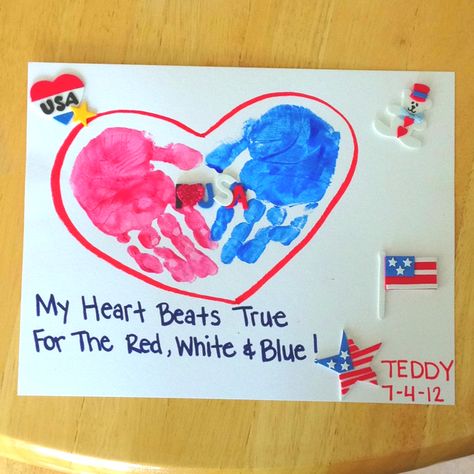 "My Heart Beats True, For The Red, White & Blue" Fourth Of July Arts And Crafts For Infants, Presidents Day Crafts For Infants, We Love America Crafts Preschool, Memorial Crafts For Toddlers, Red White And Blue Theme Preschool, Red White And Blue Crafts For Toddlers, Red White And Blue Infant Crafts, 4th Of July Hand And Foot Print Art For Infants, 4th Crafts For Kids