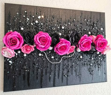 Pink Roses, Pink Wall Art, Pink Glam, Glitter Wall Art, Abstract Art, Floral Abstract, 3D Art, Pretty Wall Decor, Flowers, Rose Art, Glam Art, Fashion Art This is a beautiful glamourous painting made with galleria acrylics, beautiful vibrant faux roses, beautiful large faux pearls and reflective black glass with a glam glitter finish. This is so pretty unique and comes signed and ready to hang.  ** This ships for FREE!! ** This ships with FULL Insurance!! ** This comes in multiple sizes in the drop-down menu **Make sure to measure the desired space you are looking to decorate to make sure you order the correct sized painting!! ★FAST AND READY TO HANG - Order, unwrap and hang. It's that easy. ★TRUE COLORS AND GALLERY QUALITY - USA made with the best sustainable materials. RETURNS & EXCHANGE Pink And Black Painting, Black And Pink Living Room, Black And Pink Bedroom Decor, Diy Glitter Wall Art, Creative Canvas Ideas, Pink And Black Apartment Decor, Pink And Black Bedroom Ideas, Black And Pink Room Ideas, Pink And Black Bedroom