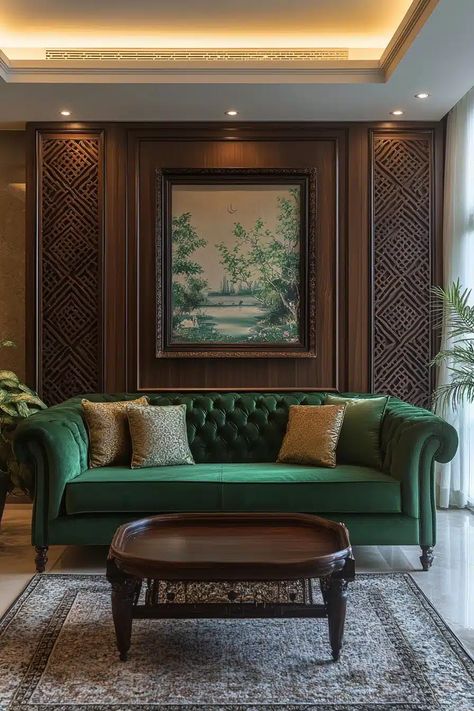 29 Eclectic Living Room Ideas To Make Your Space Stand Out - Courtneys World Velvet Green Couch, Eclectic Living Room Ideas, Art Deco Living Room, Green Art Deco, Velvet Furniture, Green Couch, Eclectic Living, Eclectic Living Room, Green Sofa