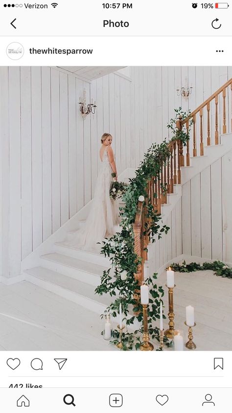 Staircase greenery? Greenery Stairs Wedding, Wedding Staircase Greenery, Wedding Florals On Staircase, Stair Flowers Wedding Staircases, White Flower Staircase Wedding, Wedding Staircase, White Sparrow Barn, Bachelorette Party Planning, White Barn