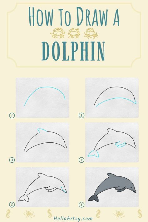 Step by step images demonstrating a How to Draw a Dolphin - A Drawing Lesson for Children! Dolphin Drawing Step By Step, How To Draw A Dolphin Easy, Dolphin Painting Acrylic Easy, How To Draw A Dolphin Step By Step, Dolphin Art For Kids, Ocean Animal Drawings Easy, How To Draw A Dolphin, Dolphin Drawing Simple, How To Draw Ocean Animals