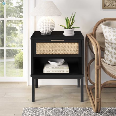 Great opportunity at 25% Off - Modern with Minimalist profile, the Caine Rattan Collection highlights side table constructed of cane webbing drawer panel on Acacia wood veneer. An open shelf provides extra storage atop slim, black powder coated steel legs. For durability, ball bearing drawer slides for the drawer are utilized and rubber pads are included for floor protection. #newpacificdirect #rattanfurniture Side Tables Bedroom Black, Black Rattan Bedside Table, Black Rattan Bedroom, Bedroom Side Tables Night Stands, Black Side Table Bedroom, Modern Minimal Bedroom Design, Black Nightstand Bedroom, Rattan Night Stand, Cane Side Table