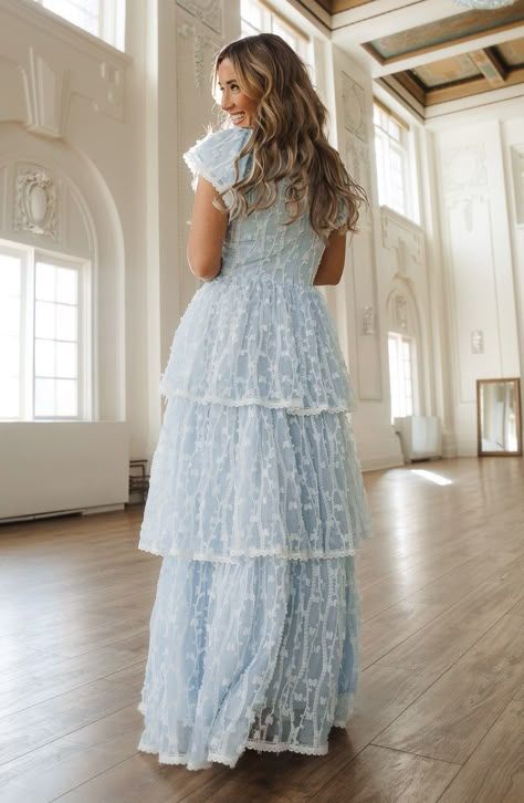 Tiered Prom Dress With Sleeves, Alice In Wonderland Formal Dress, Ruffle Blue Dress, Modest Sparkly Dress, Tiered Bridesmaids Dresses, Spring Blue Bridesmaid Dresses, Light Blue Floor Length Dress, Long Sleeve Winter Formal Dresses, Modest Dance Dresses