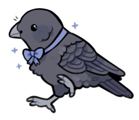 Raven Cute Art, Cute Crow Cartoon, Fluffy Bird Drawing, Spicy Mochi Art, Bird Drawings Cute, Cute Raven Art, Cute Raven Drawing, Bird Cute Drawing, Bird Drawing Cute