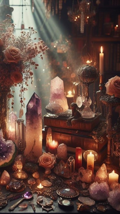 Crystal Room Decor, Witchcraft Altar, Crystal Room, Witches Altar, Crystal Aesthetic, Witchy Wallpaper, Healing Space, Magic Aesthetic, Crystal Magic