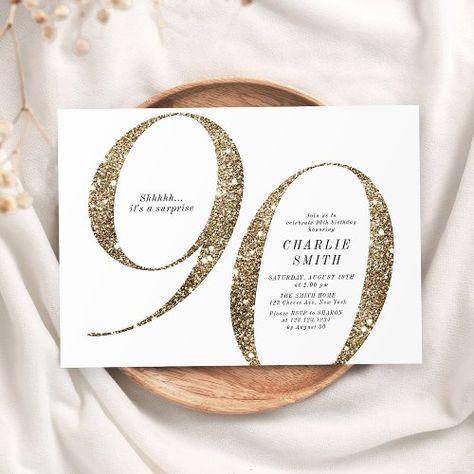 $2.04 | Modern minimalist faux gold glitter 90th birthday #elegant, typography, simple, minimalist birthday invitation, adult birthday invitations, modern, 90th birthday invitations, milestone birthday invitations, surprise 90th birthday invitations, gold 65th Birthday Invitations, Milestone Birthday Invitations, Surprise 30th Birthday, Elegant Birthday Invitations, 90th Birthday Invitations, 30th Birthday Party Invitations, Surprise Birthday Invitations, 50th Birthday Party Invitations, 55th Birthday