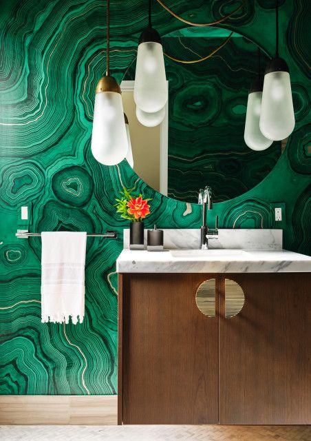 Step aside marble – other stones such as onyx, agate and malachite are coming through in kitchens and bathrooms today Bathroom Trends 2020, Powder Room Modern, Malachite Wallpaper, Luxury Powder Room, Contemporary Powder Room, Theme Bathroom, Modern Luxury Bathroom, Bathroom Decor Themes, Bathroom Decorating Ideas