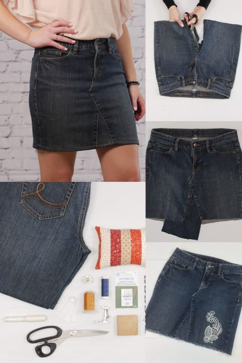 How To Make A Jean Skirt Out Of Jeans Diy, Diy Jeans Upcycle Skirts, How To Turn Denim Jeans Into A Skirt, Turn Jeans To Skirt, Making A Denim Skirt From Jeans, Diy Denim Skirt From Jeans How To Make, How To Turn A Pair Of Jeans Into A Skirt, Jean Skirt Out Of Old Jeans, Free Denim Skirt Pattern