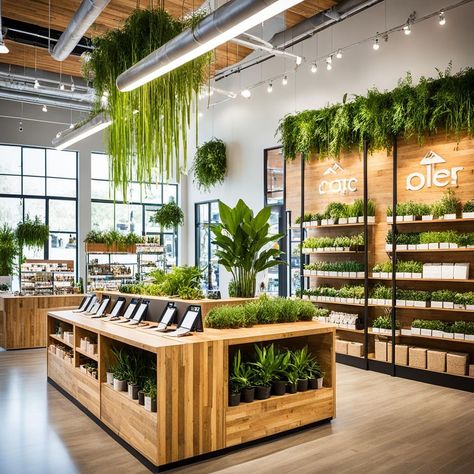 Sustainable Materials for Retail Interiors Retail Store Ceiling Design, Sustainable Store, Commercial Interior Design Retail, Plant Store, Supermarket Design Interior, Wellness Store, Sustainable Interior Design, Spa Interior Design, Supermarket Design