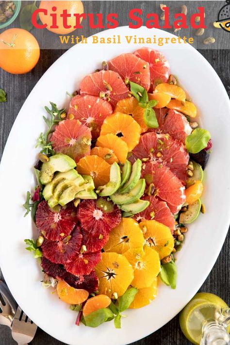 This Citrus Salad with avocado is healthy, fresh and easy to make. Seasonal citrus fruit, salad greens, avocado slices and toasted pistachios are drizzled with the best Basil Vinaigrette!  #salad #fruit #avocado #basil #oranges Jello Treats, Unique Salad Recipes, Unique Salad, Fruity Recipes, Spring Salad Recipes, Diy Easy Recipes, Dijon Vinaigrette, Citrus Salad, Nice Food