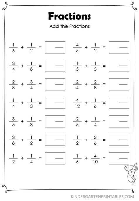 Basic Fraction Addition worksheets with unlike denominators under 10 Unlike Fractions Worksheet, Add Fractions With Unlike Denominators, Fraction Addition, Fractions Addition, Unlike Fractions, Fraction Chart, Add Fractions, Addition Of Fractions, Math Fractions Worksheets