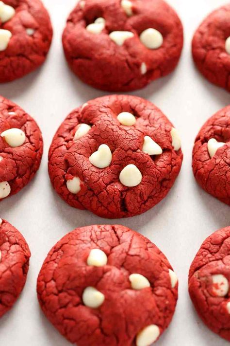 Red Velvet Cookies (Made with Cake Mix!) - Live Well Bake Often Red Velvet Cake Cookies Recipe, Crinkle Cookies Cake Mix, Red Velvet Cake Cookies, Funfetti Cookie Recipe, Red Velvet Cake Mix Cookies, Funfetti Cake Mix Cookies, Strawberry Cake Mix Cookies, Lemon Cake Mix Cookies, Cake Batter Cookies