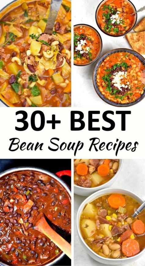 Collage of four bean soup recipes. Broad Bean Soup Recipe, 16 Bean Soup Mix Recipes, 7 Bean Soup Recipe Crockpot, Best 15 Bean Soup Recipe, Seven Bean Soup Recipes, 3 Bean Soup Recipes, Mediterranean Bean Soup, Canned Bean Soup Recipes, Mixed Bean Soup Recipes