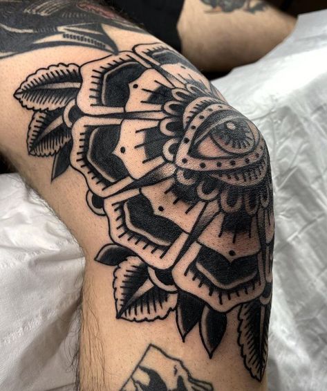 American Trad Eye Tattoo, Black And Grey Knee Tattoos, Traditional Style Knee Tattoo, Eye On Knee Tattoo, American Trad Knee Tattoo, Traditional Elbow Ditch Tattoo, Dark Elbow Tattoo, American Traditional Knee Cap Tattoo, Knee Ditch Tattoo Traditional