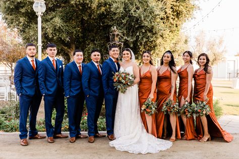 Navy Blue Burnt Orange Burgundy Peach Wedding, Navy Blue And Orange Groomsmen Suits, Rustic Orange Wedding Bridesmaid Dress, Navy Blue And Light Orange Wedding, Navy Orange Green Wedding, Navy Blue Suit With Rust Tie, Terracotta Rust And Navy Blue Wedding, Navy Blue And Rusty Orange Wedding, Orange And Blue Rustic Wedding