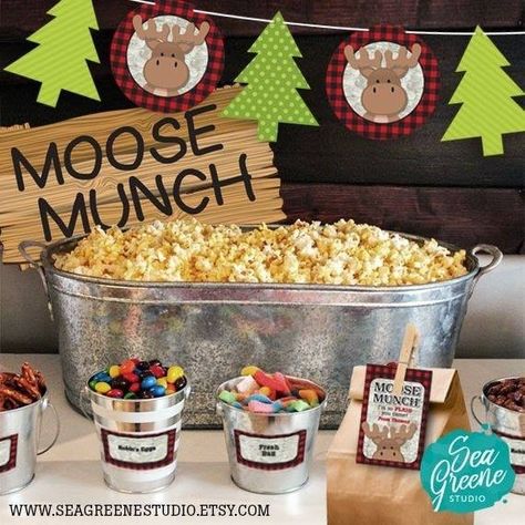 Lumberjack snack table Moose Birthday, Moose Baby Shower, Moose Munch, Plaid Baby Shower, Lumberjack Birthday Party, Lumberjack Baby Shower, Lumberjack Baby, Lumberjack Birthday, Lumberjack Party