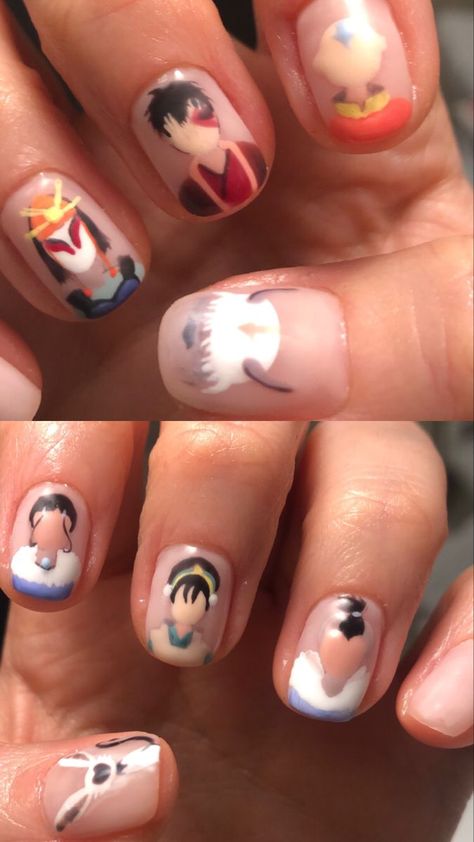 Avatar The Last Airbender Nails Acrylic, Avatar The Last Airbender Nails Designs, Appa Nails, Avatar The Last Air Bender Nails, Avatar The Last Airbender Nail Art, Atla Inspired Nails, Cartoon Inspired Nails, Avatar Nails Art, Sokka Hair Down