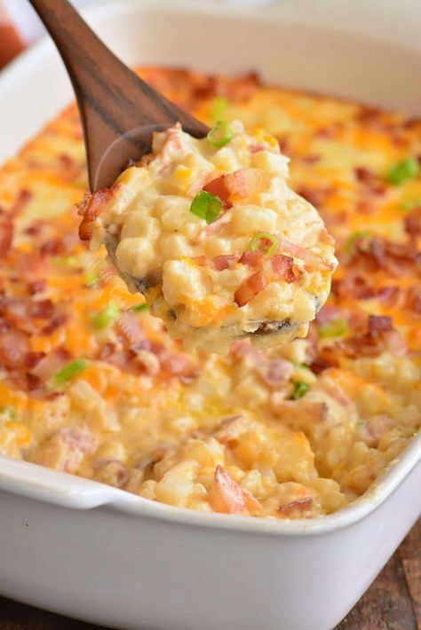 Loaded Cheesy Potato Casserole - Will Cook For Smiles Loaded Potato Casserole, Corn Recipes Side Dishes, Loaded Baked Potato Casserole, Best Baked Potato, Cheesy Potato Casserole, Baked Potato Casserole, Frozen Potatoes, Bacon Potato, Cheesy Potato