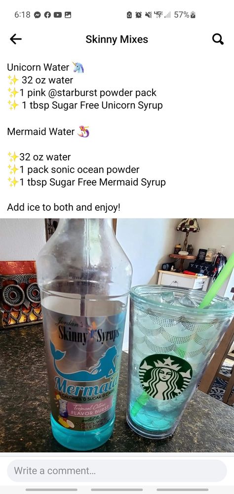 Mermaid Water Drink Recipe, Mermaid Water Drink Non Alcoholic, Water Tok Ideas, Unicorn Flavored Water, Flavored Water With Syrup, Drink Packets For Water Recipes, Water Flavor Packet Combinations, Mermaid Syrup Recipes, Flavored Water Recipes Healthy