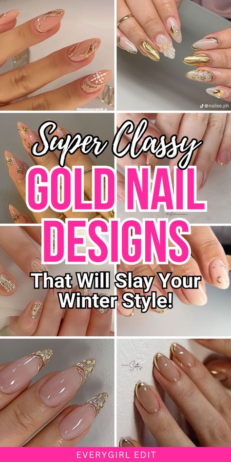 gold nails, gold nail designs, gold nail art, gold nail ideas, gold nail inspo, gold nails 2024, gold nail designs 2024. New Years Nail Designs Neutral, Nails With Gold Line Accent, Gold Chrome French Tip Nails Coffin, Gold Oval Nails Designs, Neutral With Gold Nails, Bridal Nail Art Indian Golden, Champagne And White Nails, Gold And Nude Christmas Nails, White With Gold Tips Nails