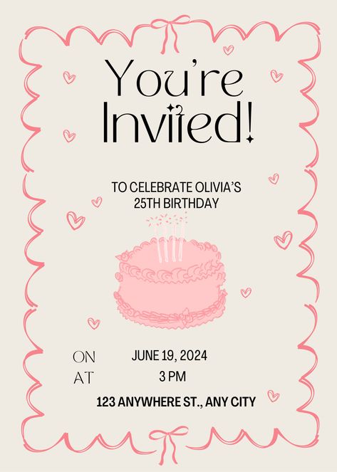 The item is a birthday invitation for a birthday celebration. It features a playful and festive design with a pink cake illustration, heart accents, and a decorative border. The invitation provides the date, time, and address for the event. Invitation For Party Ideas, Pink Decor For Birthday, Birthday Invitation Card Diy, Bday Poster, Date Invitation, Pink Party Invitations Birthday, Girly Invitation, Birthday Ideas Decor, Birthday Invitation Pink