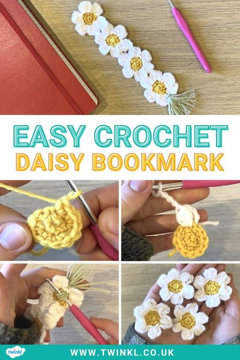 Easy Crochet Daisy Bookmark Easy Crochet Daisy, Daisy Bookmark, Bookmark Pattern, Green Yarn, Easy Craft Ideas, Crochet Daisy, Crochet Bookmarks, Crochet Sewing, Crochet Instructions