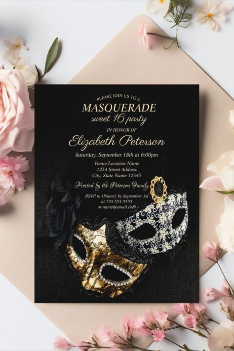 Elegant Black Masquerade, Masque Sweet 16 Invitation Postcard Elegant masque on black background #sweetsixteen #sixteenbirthday #elegant #birthday #happybirthday #birthdaycards #birthdayparty Mascarade Sweet 16, Masquerade Sweet 16 Ideas, Masquerade Party Ideas, Masquerade Birthday Party, Mascarade Party, Masquerade Invitations, Masquerade Party Invitations, Black Masquerade, Debut Invitation