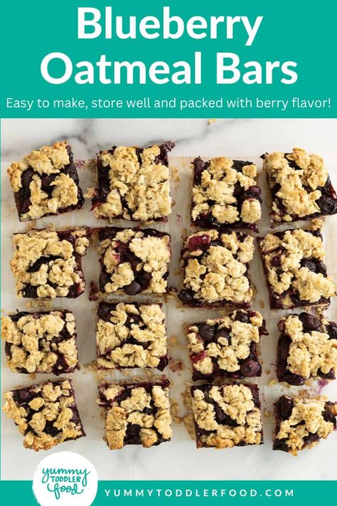 Blueberry oatmeal bars cut into squares. Healthy Snacks With Blueberries, Toddler Oatmeal Bars, Toddler Breakfast Bars, Oat Bars For Toddlers, Healthy Blueberry Bars, Reese Recipes, Best Way To Bake Chicken, Toddler Lunch Ideas For Daycare, Easy Toddler Lunch Ideas