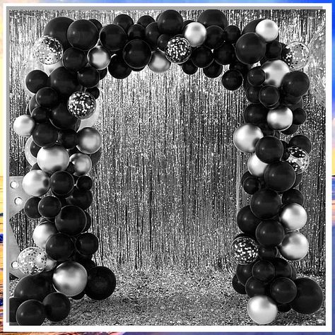 Looking for the perfect black wedding backdrop ideas to make your special day unforgettable? Check out these stunning and elegant designs that will add a touch of sophistication to your wedding decor. From classic black drapes to modern geometric patterns, these backdrops will surely wow your guests and create the perfect backdrop for your big day. Say "I do" in style with these gorgeous black wedding backdrop ideas. Balloon Arch Party Decor, Black And White Ball Sweet 16, Black And Silver Balloon Backdrop, Black And Silver Anniversary Decorations, Black Silver Quinceanera Theme, Silver And Black New Years Eve Party, Balloon Arch Black And White, Black And Silver Prom Backdrop, Black And Silver Engagement Party