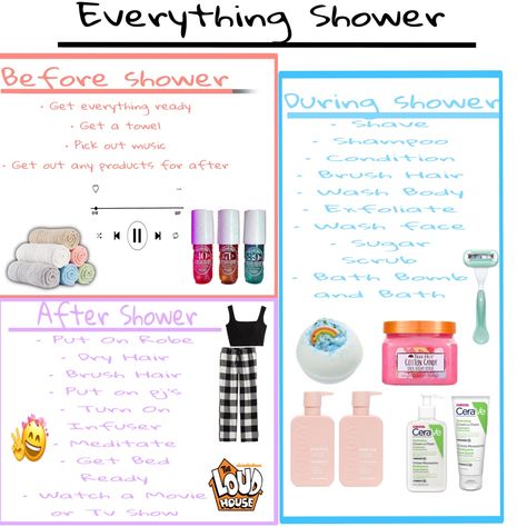 Before/during/and after a shower Correct Shower Order, What To Do Before Showering, What To Do After Showering, What To Do In The Bath, Every Thing Shower Routine, Everything Shower Routine Steps List, Things To Do In The Shower Tips, Everything Shower Checklist, Before Shower Routine