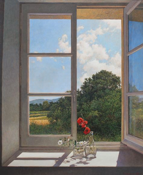 View Through A Window Art, Art Window Painting, View Through Window Painting, Landscape Through Window, Windows Art Drawing, Drawing Window View, Painting View Nature, Window Flower Painting, By The Window Aesthetic