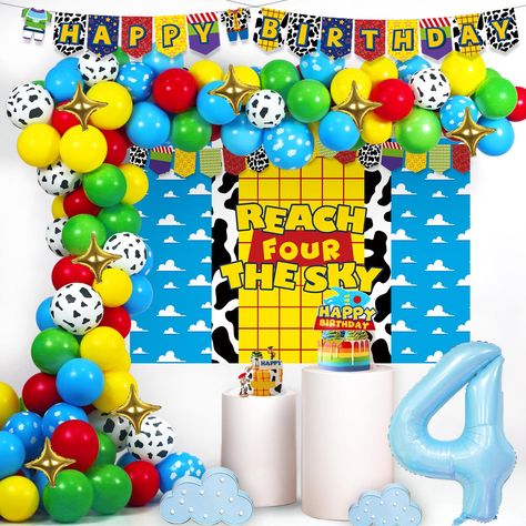 PRICES MAY VARY. 4TH CARTOON BIRTHDAY – Is this animation your favorite? Then you must celebrate with this fun and unique theme and it will be the perfect way to commemorate your 4th birthday. The items and vibrant color scheme create a cartoon scenario. Hey howdy hey, we’re celebrating the big day! Come on! REACH FOUR THE SKY BIRTHDAY DECORATIONS INCLUDES - 80 x 12’’ latex balloons | 40 x 5’’ latex balloons | 1 x 40’’ number ‘4’ foil balloon | 8 x sparkle foil balloons | 1 x ‘HAPPY BIRTHDAY 3’ Happy 4 Birthday Boys Year Old Theme, Reach Four The Sky Birthday, Four Birthday Party Ideas Boy, 4th Birthday Party For Boys Theme, 4th Birthday Party For Boys, Party Themes For Boys, Cake Banner Topper, Birthday Themes For Boys, Balloon Banner