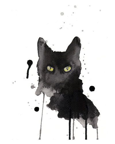 심플한 그림, Cat Watercolor, Black Cat Art, Black Wall Art, A Black Cat, Cat Art Print, 수채화 그림, Watercolor Cat, Yellow Eyes