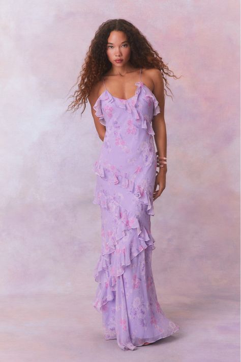 Rialto Fragrance Print Maxi Dress Purple Dresses Bridesmaid, Purple Wedding Dress Guest, Purple Dress Maxi, Wedding Guest Dress Purple, Long Love Shack Fancy Dress, Purple Ruffled Maxi Dress For Wedding, Lilac Dress Outfit Wedding, Lilac Floral Bridesmaid Dresses, Chic Purple Maxi Dress With Ruffles