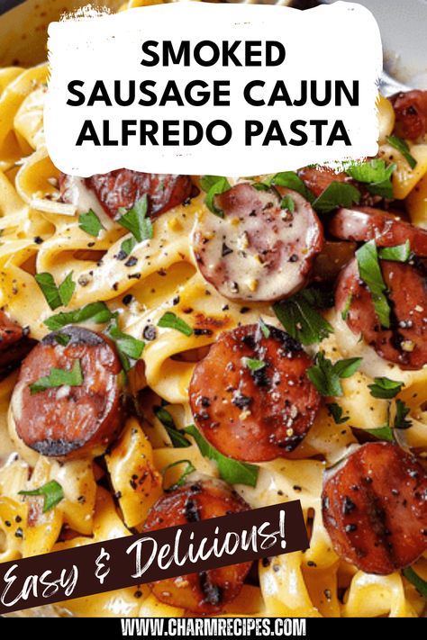 Enjoy an unforgettable meal with this Smoked Sausage Cajun Alfredo. This rich dish brings out the fantastic flavors of smoky sausage paired perfectly with a creamy and spicy Alfredo sauce. Easy to make and packed with zest, it's perfect for a hearty dinner that's sure to impress family and friends. Discover the perfect combination of pasta and Cajun influence that will ignite your taste buds and satisfy your cravings. This recipe makes a delightful dinner any night of the week and is as delicious as it is easy to prepare. Sausage Cajun Alfredo Pasta, Smoked Sausage Cajun Alfredo, Cajun Alfredo Recipe, Spicy Alfredo Sauce, Cajun Alfredo Pasta, Smoked Sausage Alfredo, Sausage Pasta Recipes Easy, Sausage Pasta Dinner, Smoked Sausage Recipes Pasta