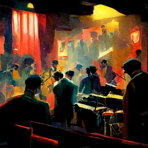 40s Jazz Club Aesthetic, Jazz Club Art, Nightclub Illustration, Jazz Art Paintings, Jazz Background, Music Major, Music Sketch, Jazz Painting, Blues Art