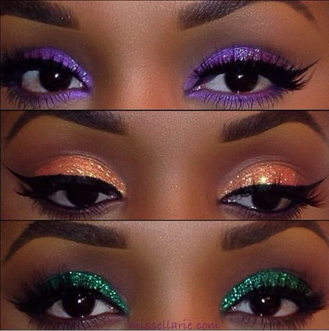 Makeup For Black Beauty Ebony Women Glitter Eyeshadow Purple Orange Green Eyebrows On Fleek Flawless Maquillage Yeux Cut Crease, Make Up Designs, Make Up Gold, Morphe Eyeshadow, Party Make-up, Drag Make-up, Dramatic Eye Makeup, Star Makeup, Morphe Brushes