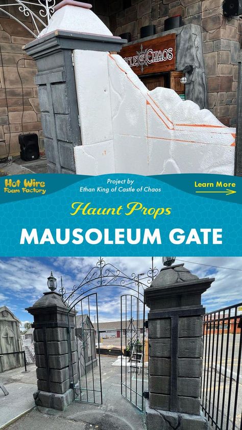 realistic faux stone columns for a mausoleum gate made out of foam as part of the castle of chaos 2023 graveyard scene Haunted Props, Xps Foam, Haunted Graveyard, Foam Props, Scary Halloween Decorations Outdoor, Foam Carving, Foam Factory, Foam Art, Haunted Attractions